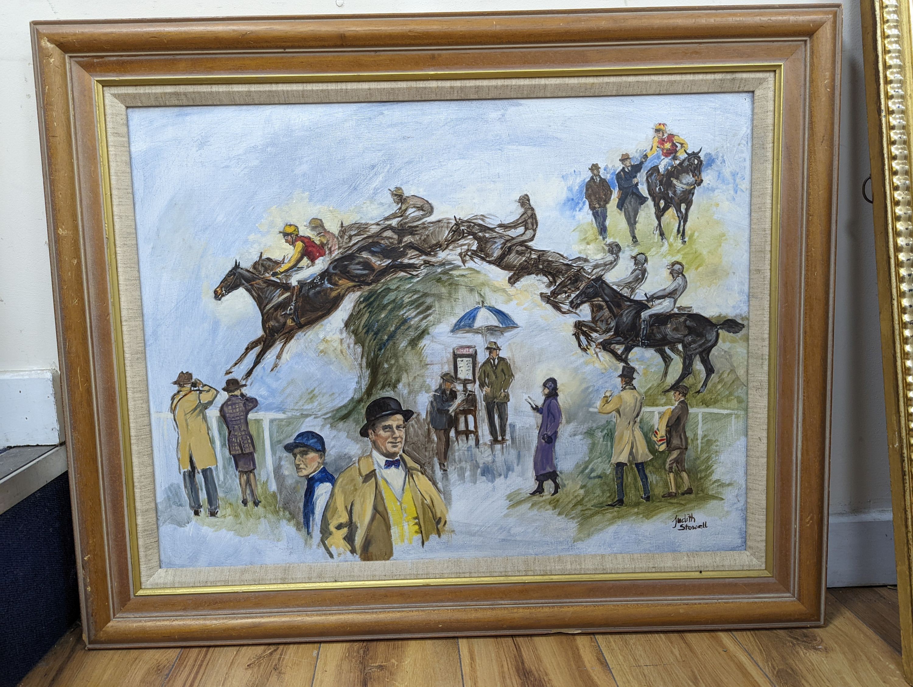 Judith Stowell, oil on board, Horse racing vignette, signed, 53 x 70cm